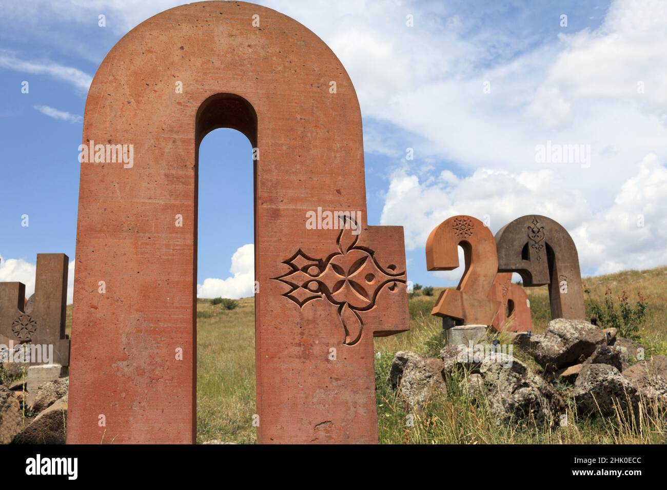 Armenian alphabet monument is located in the village of Artashavan, at the east side bottom of Mt. Aragats Stock Photo