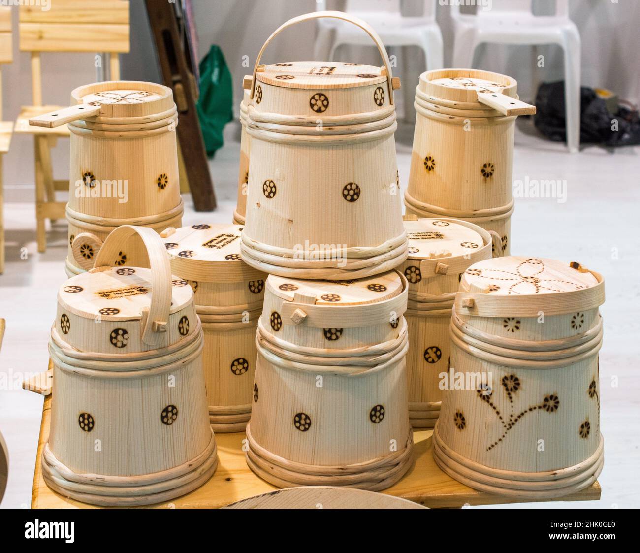 Set of buckets made of wood in a market place Stock Photo Alamy