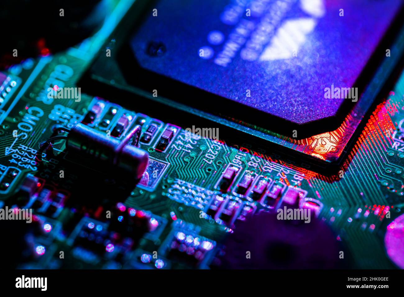 Macro Close up of components and microchips on PC circuit board Stock ...