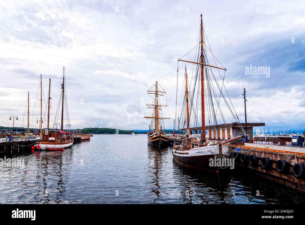 Old Wooden Sailing Ships Moored in the harbour of Oslo, Norway. Stock Photo
