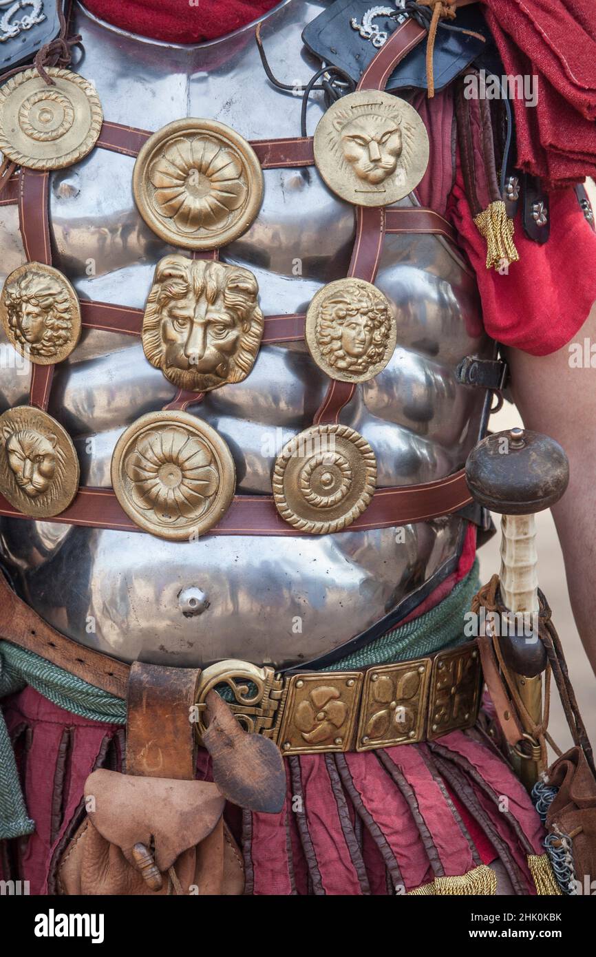 Centurion with highly ornamented muscle cuirass. Historical reenactment. Stock Photo