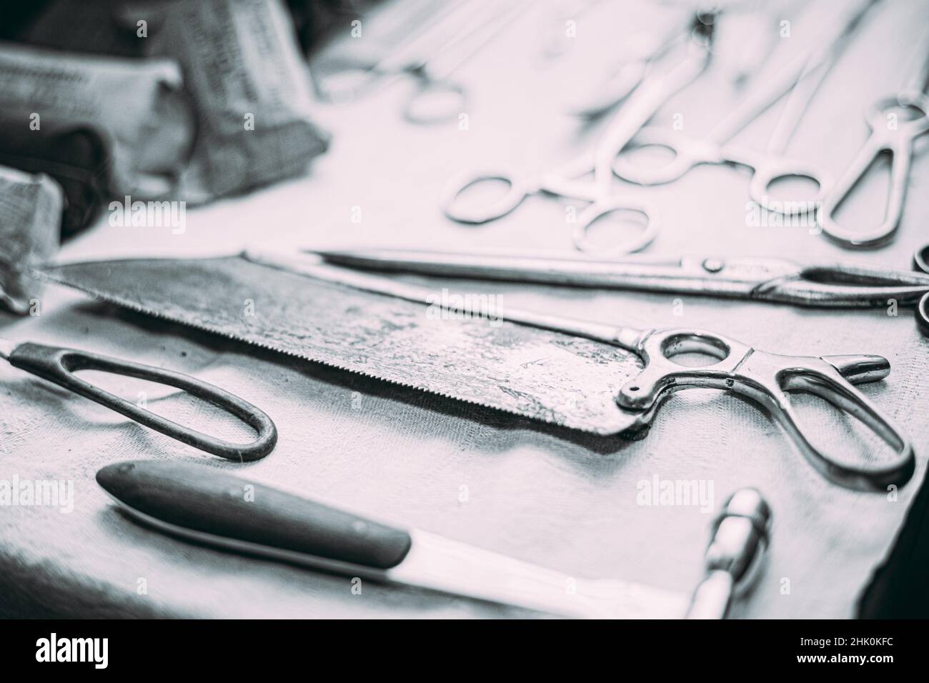 Old Medical And Surgical Instruments. Many Old Surgical Instruments For