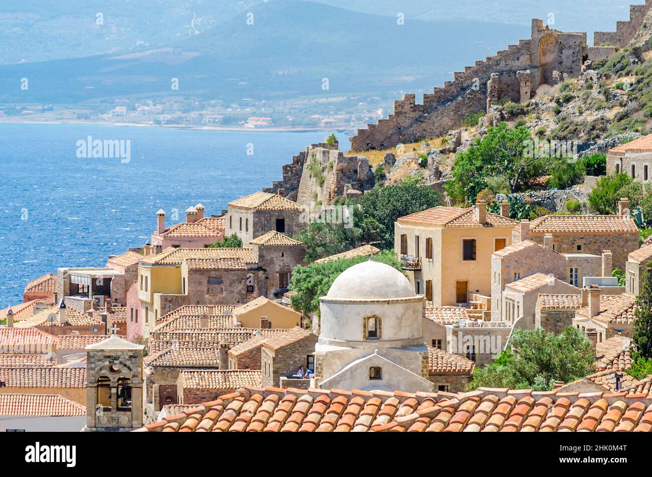 Monemvasia Castle Town with Traditional Houses, Hotels and Churches in ...
