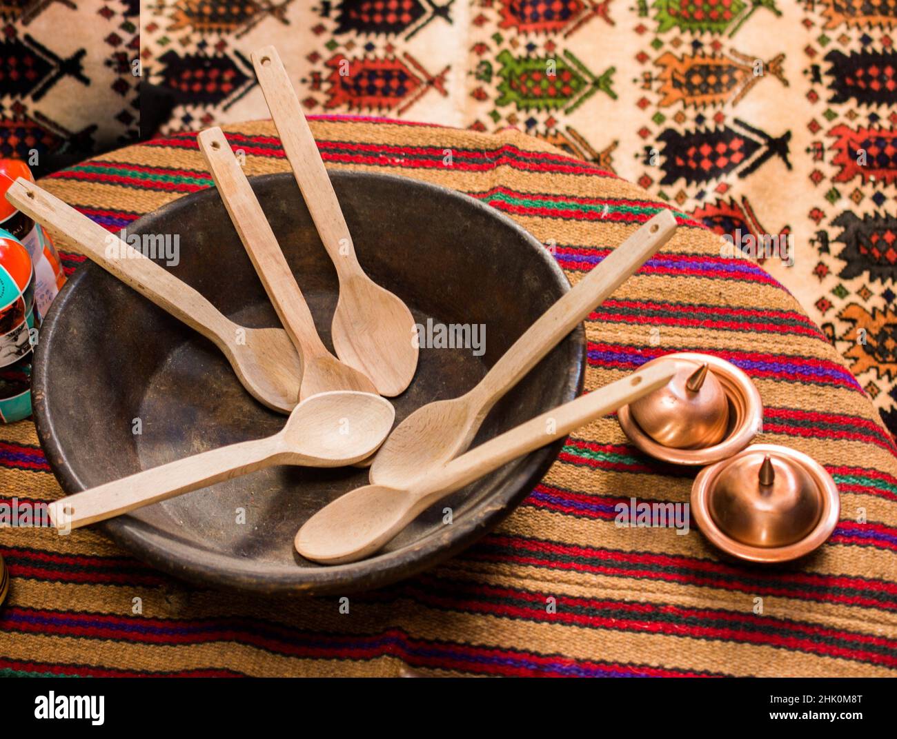 dozens of soup spoon or tablespoon made of wood. Stock Photo
