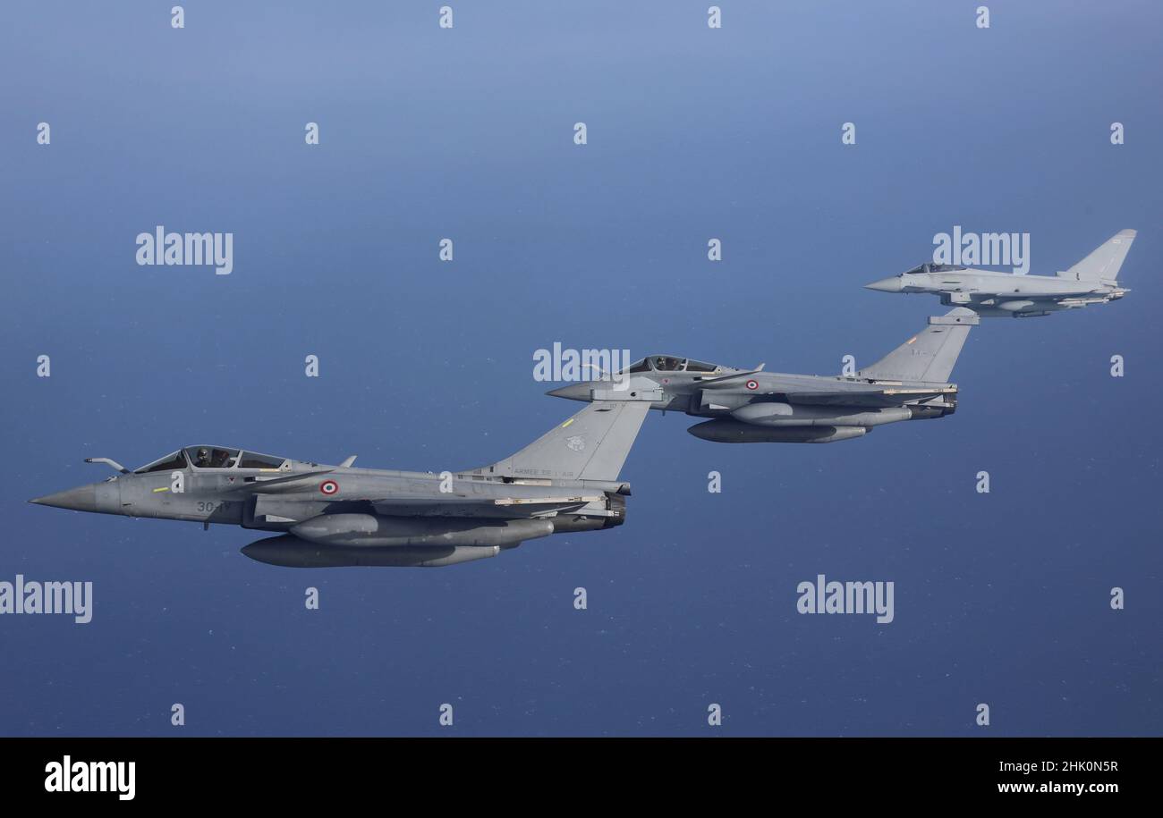 The Royal Air Force and French Armee de L'air performed joint exercises in the Eastern Mediterranean in late 2021. Stock Photo