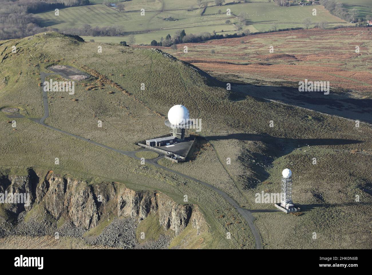 Aerial view of The Clee Hill radar and Meteorological  station on the high ground in Shropshire, U.K. Stock Photo