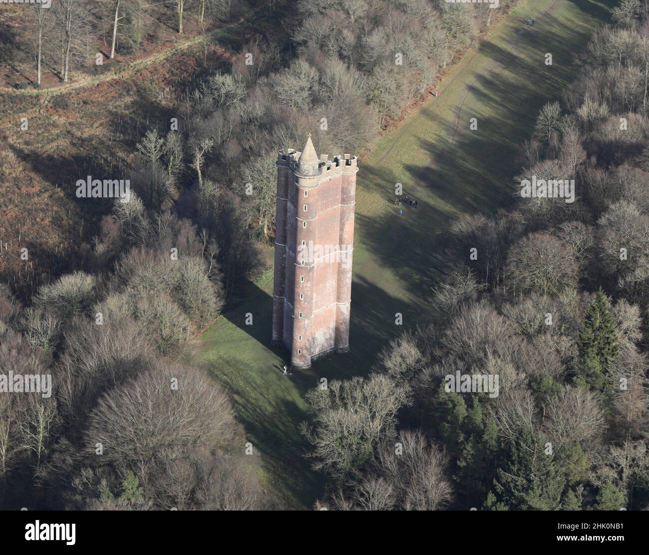 Aerial view of King Alfred's Tower in Somerset, UK Stock Photo
