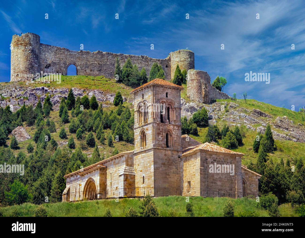 Colegiate of San Miguel and the Castle.Aguilar de Campoo. Palencia. Spain. Stock Photo