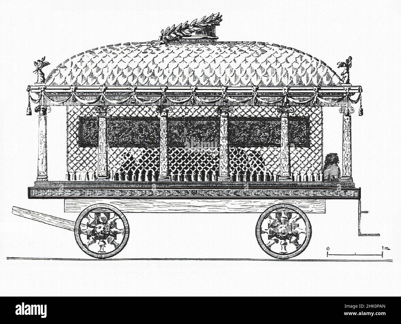 Reproduction of the chariot that carried the coffin of Alexander the Great, engraving from the