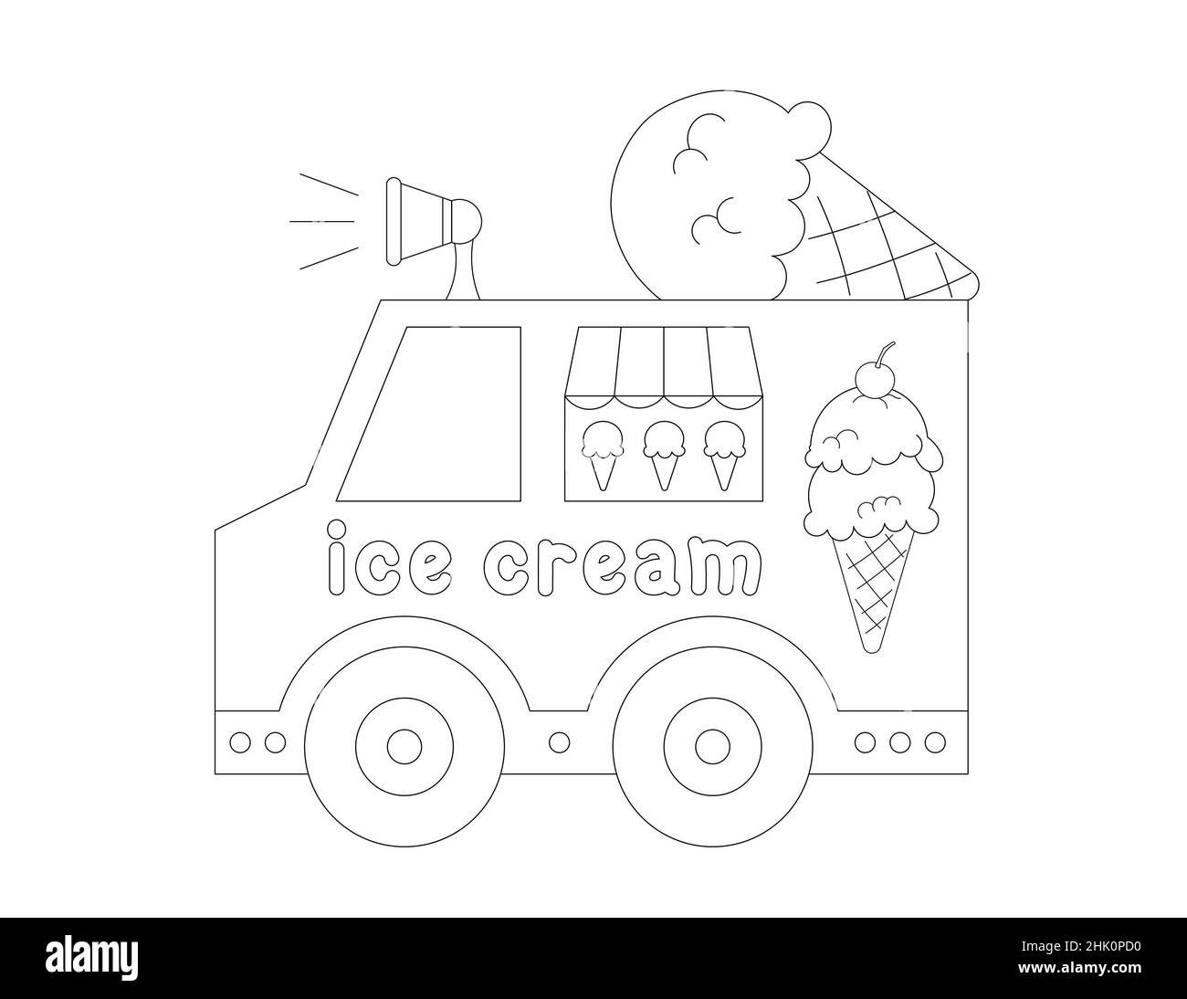design of a black and white ice cream truck, you could use it as a coloring page for children and adults Stock Photo