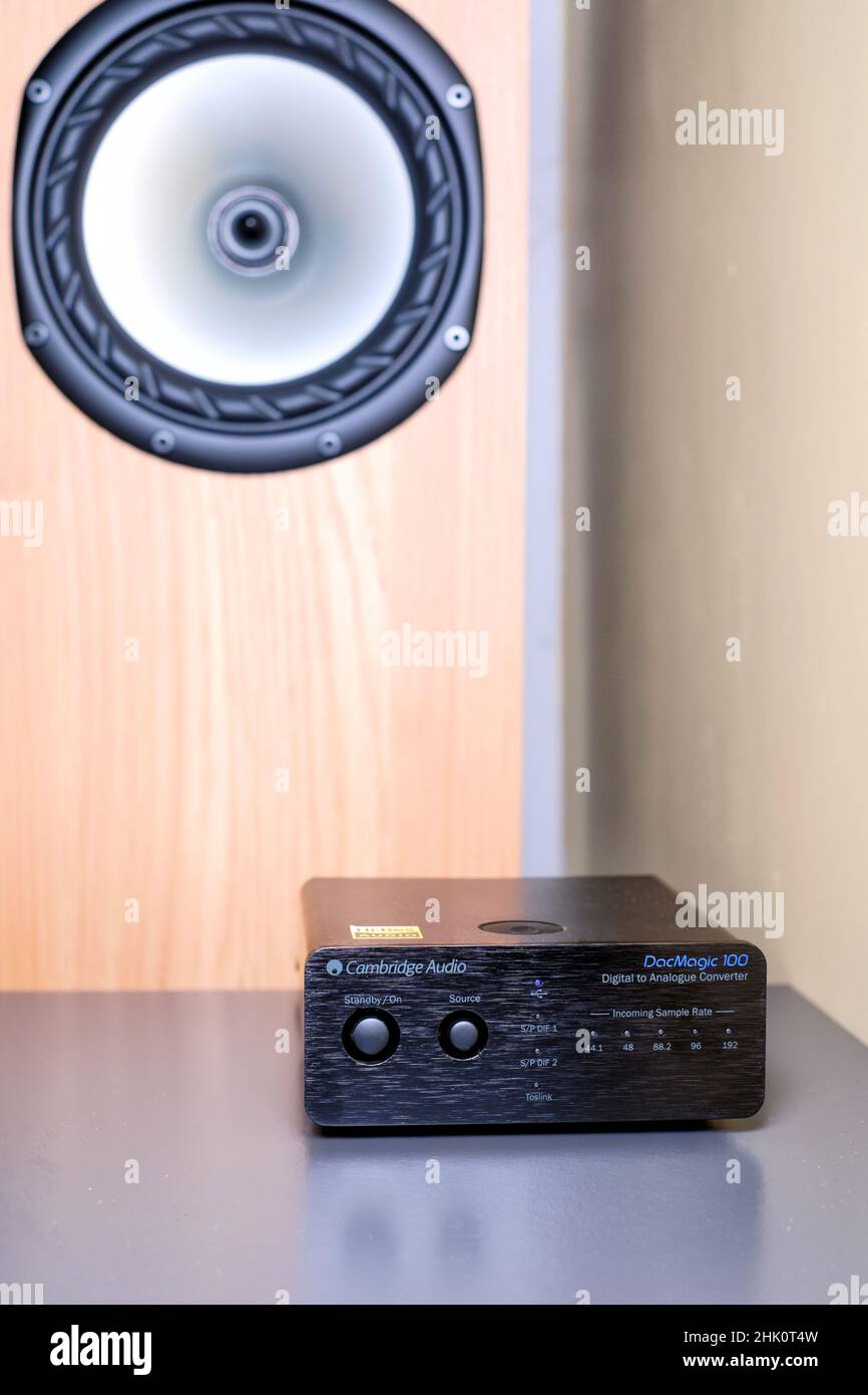 The image shows a DAC or Digital to Analogue Converter used in a domestic Hi Fi System. The DAC converts a digital source to a traditional amplifier Stock Photo