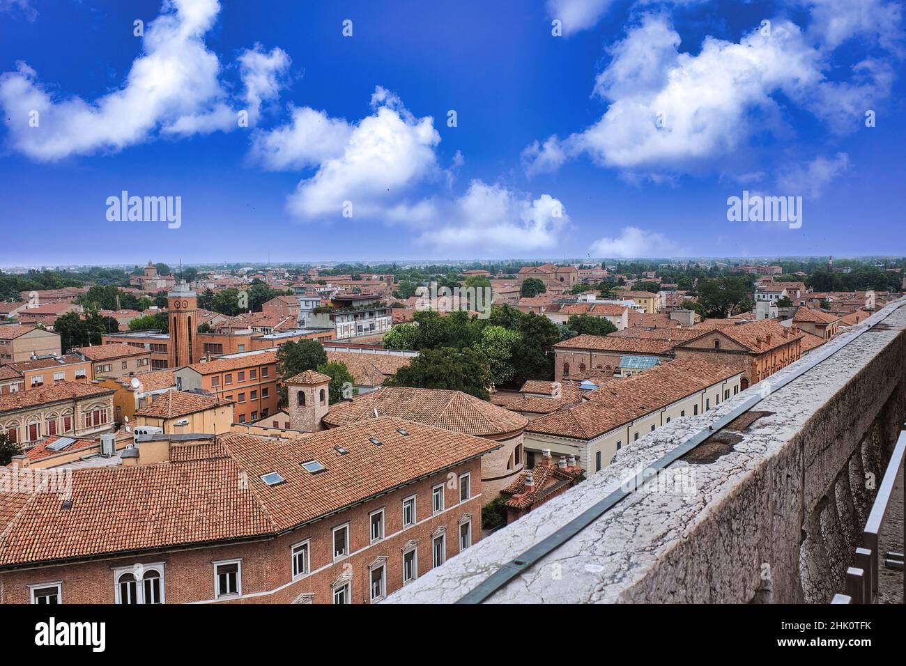 Panoramic view of the city of Ferrara (UNESCO heritage) seen from the top of the famous Este Castle Stock Photo