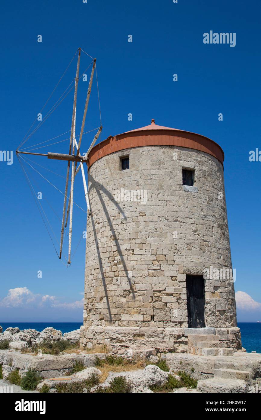Windmills of Mandraki, Mandraki Harbour, Rhodes, Dodecanese Island Group, Greece Stock Photo