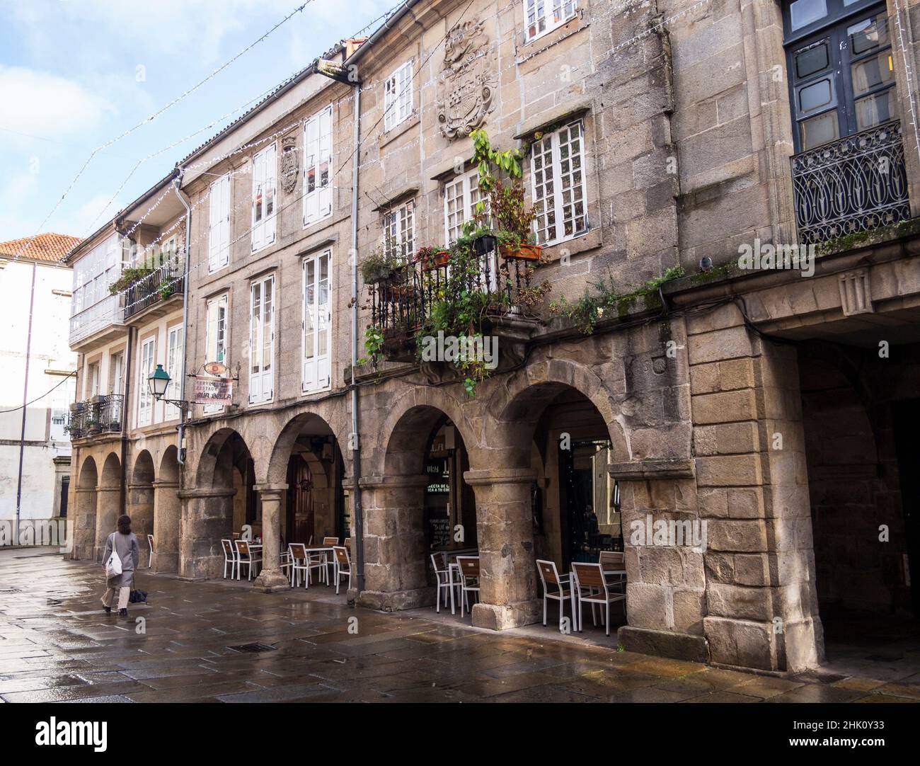 Typical street with arcades in Santiago de Compostela. La Coruna. Galicia. Spain. Stock Photo