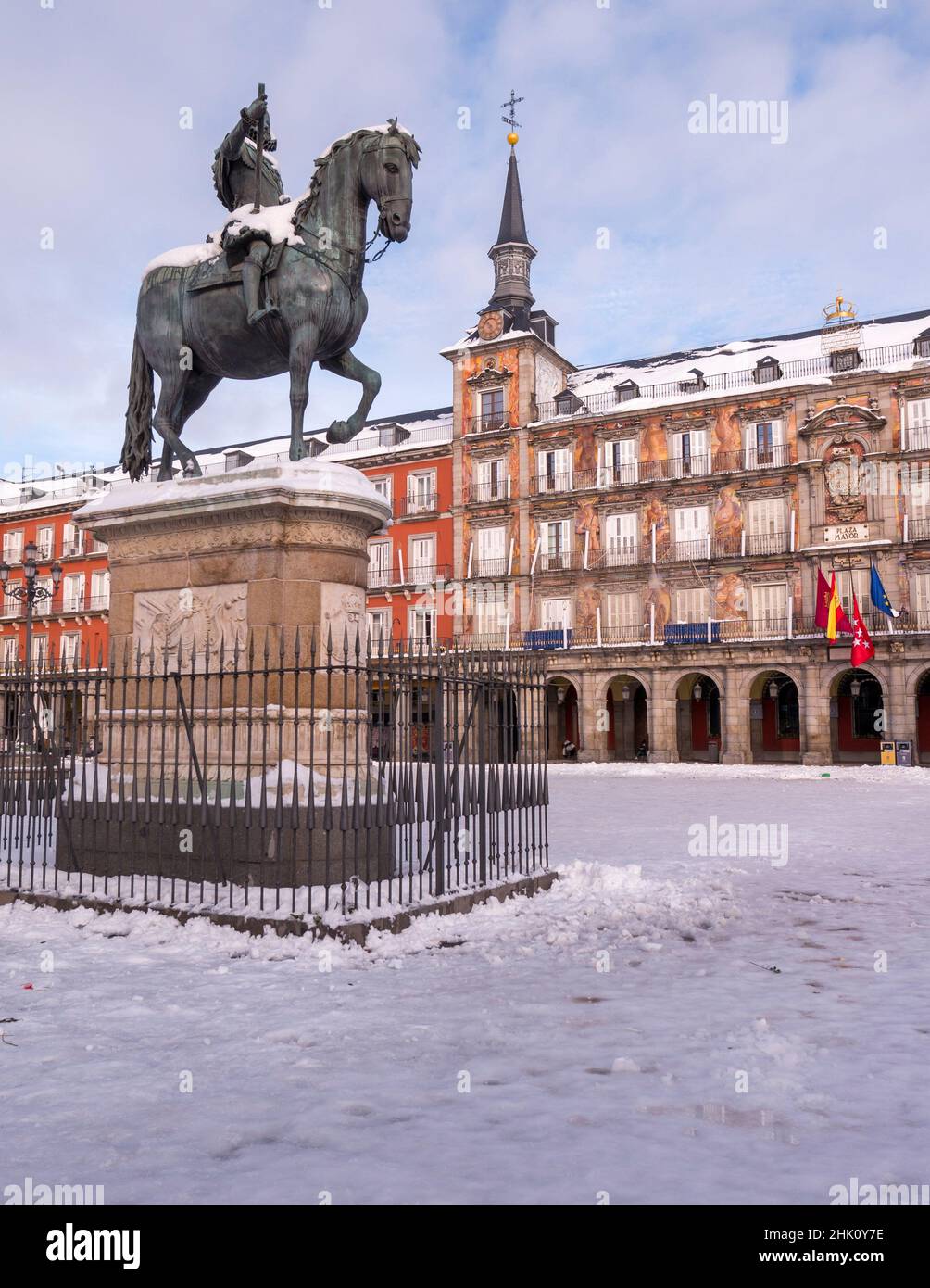 Plaza Mayor nevada. Madrid. España. Stock Photo