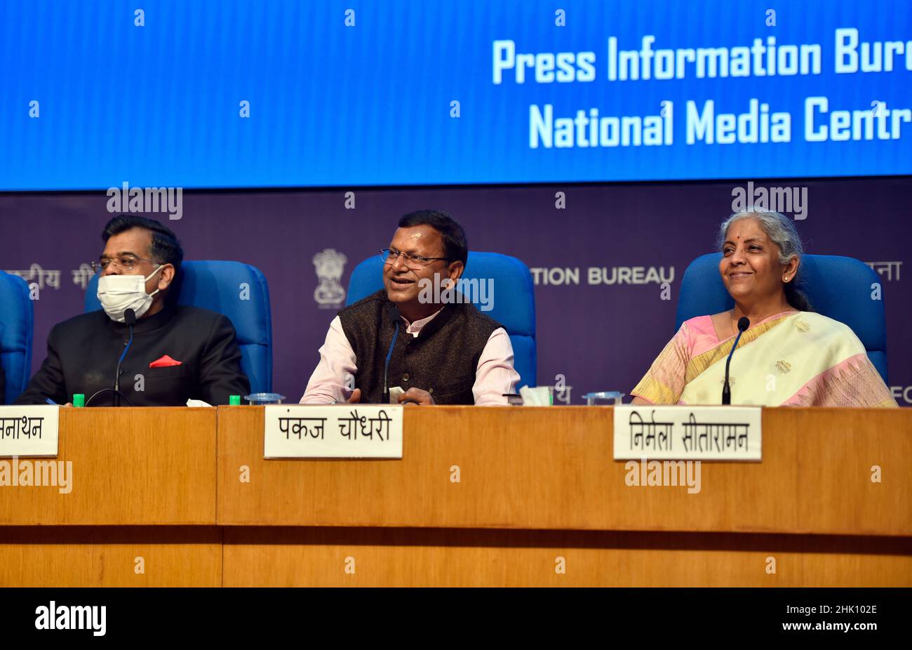 NEW DELHI, INDIA - FEBRUARY 1: Minister of Finance and Corporate Affairs of India Nirmala Sitharaman with MoS Pankaj Choudhary and Bhagwat Karad along with senior officials addressing media persons post budget 2022-23, at National Media Centre, on February 1, 2022 in New Delhi, India. Nirmala Sitharaman, who presented Union Budget 2022 in Parliament on Tuesday, said that it will lay the foundation for economic growth through public investment as Asia's third-largest economy emerges from a pandemic-induced slump. (Photo by Sanjeev Verma/Hindustan Times/Sipa USA ) Stock Photo