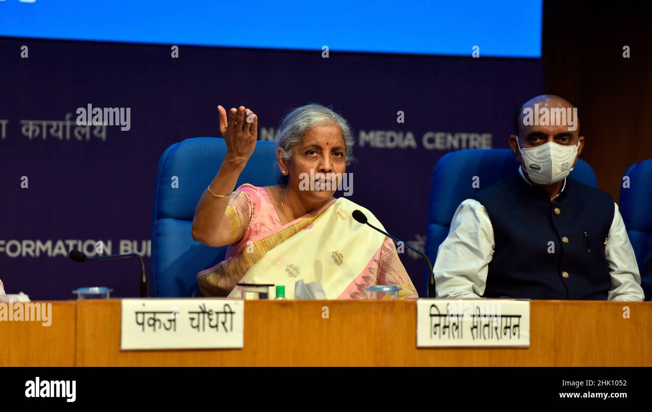NEW DELHI, INDIA - FEBRUARY 1: Minister of Finance and Corporate Affairs of India Nirmala Sitharaman with MoS Pankaj Choudhary and Bhagwat Karad along with senior officials addressing media persons post budget 2022-23, at National Media Centre, on February 1, 2022 in New Delhi, India. Nirmala Sitharaman, who presented Union Budget 2022 in Parliament on Tuesday, said that it will lay the foundation for economic growth through public investment as Asia's third-largest economy emerges from a pandemic-induced slump. (Photo by Sanjeev Verma/Hindustan Times/Sipa USA ) Stock Photo