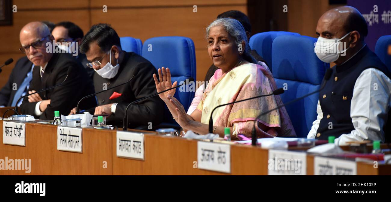 NEW DELHI, INDIA - FEBRUARY 1: Minister of Finance and Corporate Affairs of India Nirmala Sitharaman with MoS Pankaj Choudhary and Bhagwat Karad along with senior officials addressing media persons post budget 2022-23, at National Media Centre, on February 1, 2022 in New Delhi, India. Nirmala Sitharaman, who presented Union Budget 2022 in Parliament on Tuesday, said that it will lay the foundation for economic growth through public investment as Asia's third-largest economy emerges from a pandemic-induced slump. (Photo by Sonu Mehta/Hindustan Times/Sipa USA ) Stock Photo