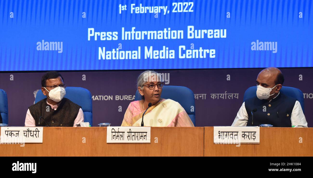 NEW DELHI, INDIA - FEBRUARY 1: Minister of Finance and Corporate Affairs of India Nirmala Sitharaman with MoS Pankaj Choudhary and Bhagwat Karad along with senior officials addressing media persons post budget 2022-23, at National Media Centre, on February 1, 2022 in New Delhi, India. Nirmala Sitharaman, who presented Union Budget 2022 in Parliament on Tuesday, said that it will lay the foundation for economic growth through public investment as Asia's third-largest economy emerges from a pandemic-induced slump. (Photo by Sonu Mehta/Hindustan Times/Sipa USA ) Stock Photo