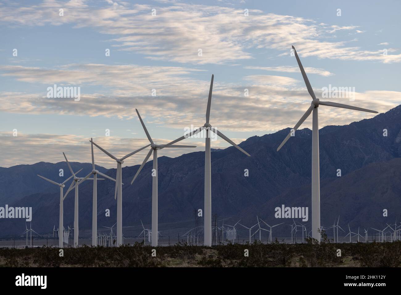 Wind turbine farm in Palm Springs, California USA on February 1, 2022. Photo by Francis Specker Stock Photo