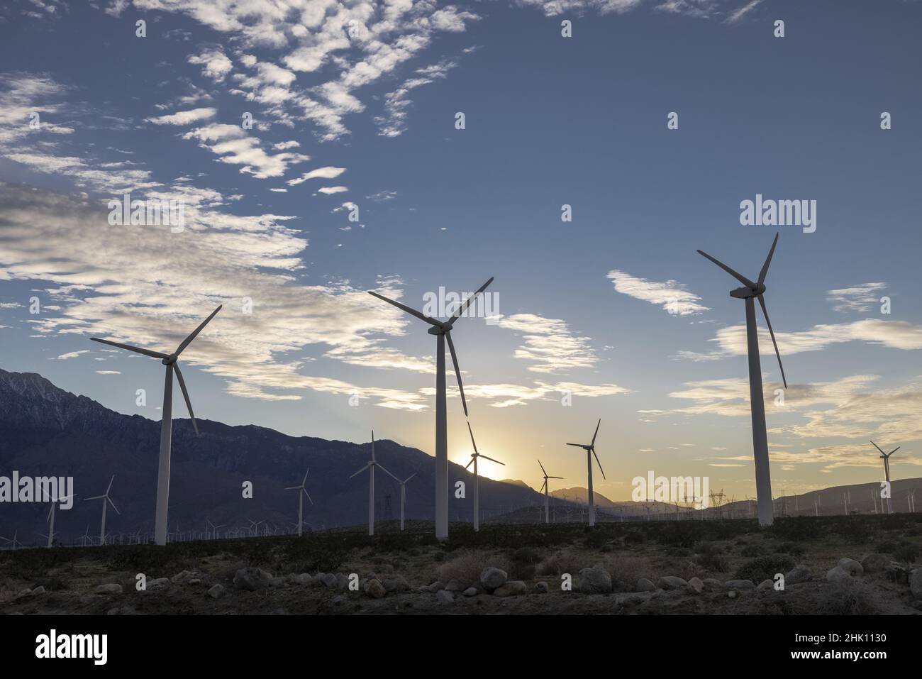 Wind turbine farm in Palm Springs, California USA on February 1, 2022. Photo by Francis Specker Stock Photo