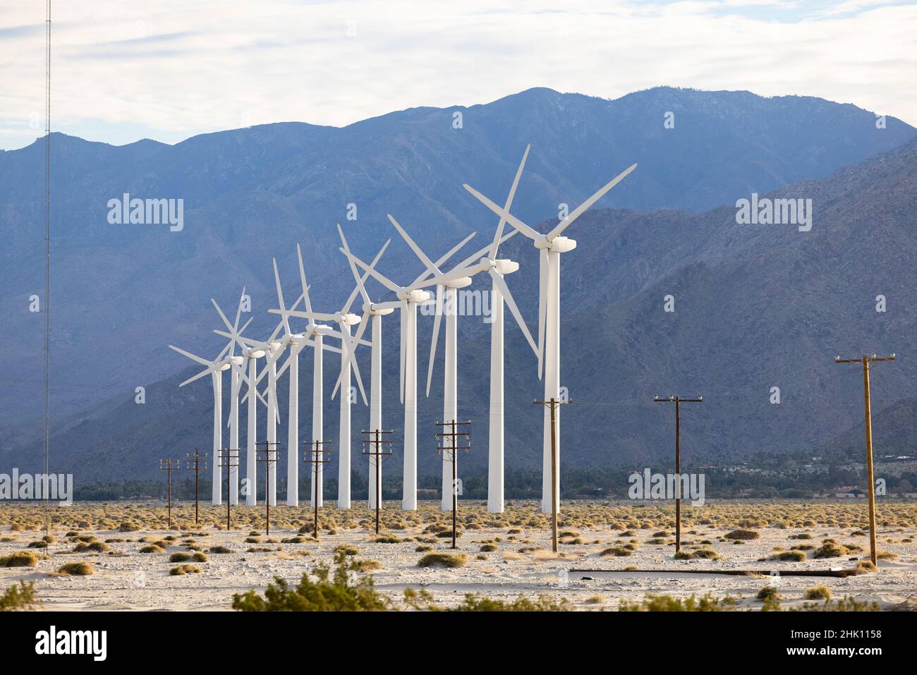 Wind turbine farm in Palm Springs, California USA on January 28, 2022. Photo by Francis Specker Stock Photo