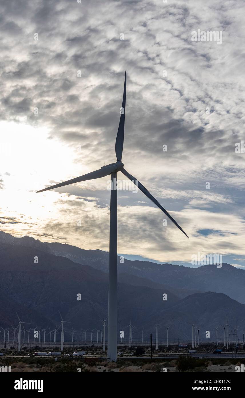 Wind turbine farm in Palm Springs, California USA on January 28, 2022. Photo by Francis Specker Stock Photo