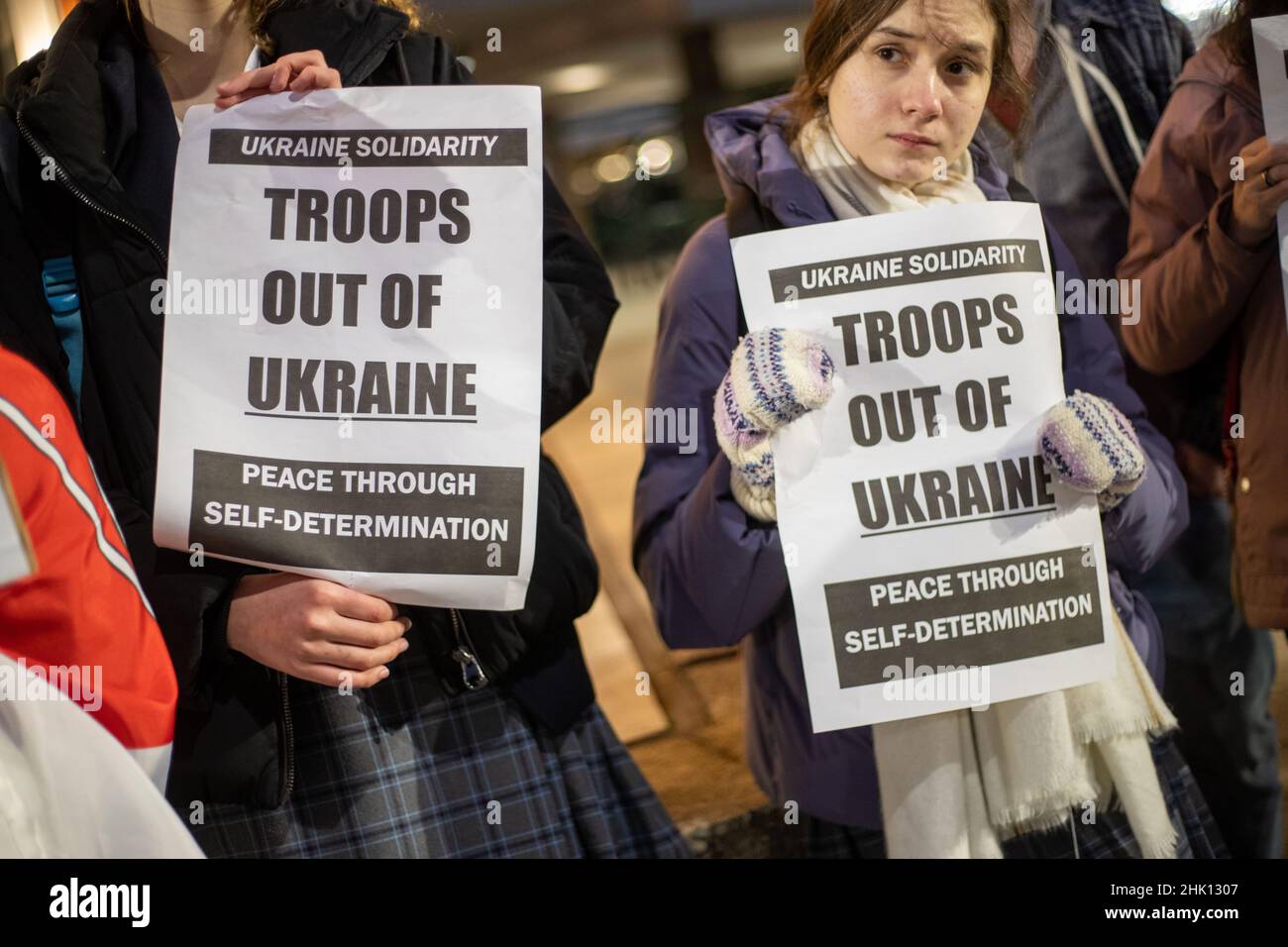 LONDON, JANUARY 31 2022, 'Russia Hands Off Ukraine Protest' outside of the RT news building a day before Prime Minister Boris Johnson flys to Kyiv to hold talks with President Volodymyr Zelenskiy as tensions between Russia and Ukraine builds Stock Photo