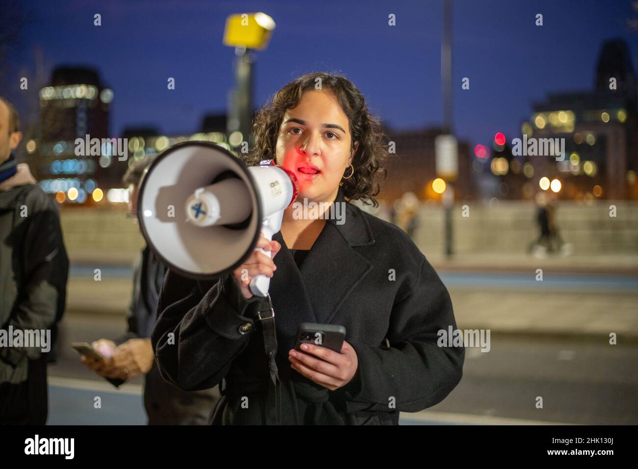 LONDON, JANUARY 31 2022, MP Nadia Whittome 'Russia Hands Off Ukraine Protest' outside of the RT news building a day before Prime Minister Boris Johnson flys to Kyiv to hold talks with President Volodymyr Zelenskiy as tensions between Russia and Ukraine builds Stock Photo