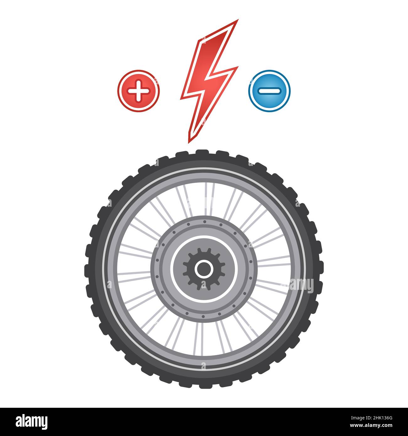 Electric bike hub wheel motor icon. E-bike power engine, tire. Electro equipment pedal hybrid bicycle. Electrical accumulator battery charge. Vector Stock Vector