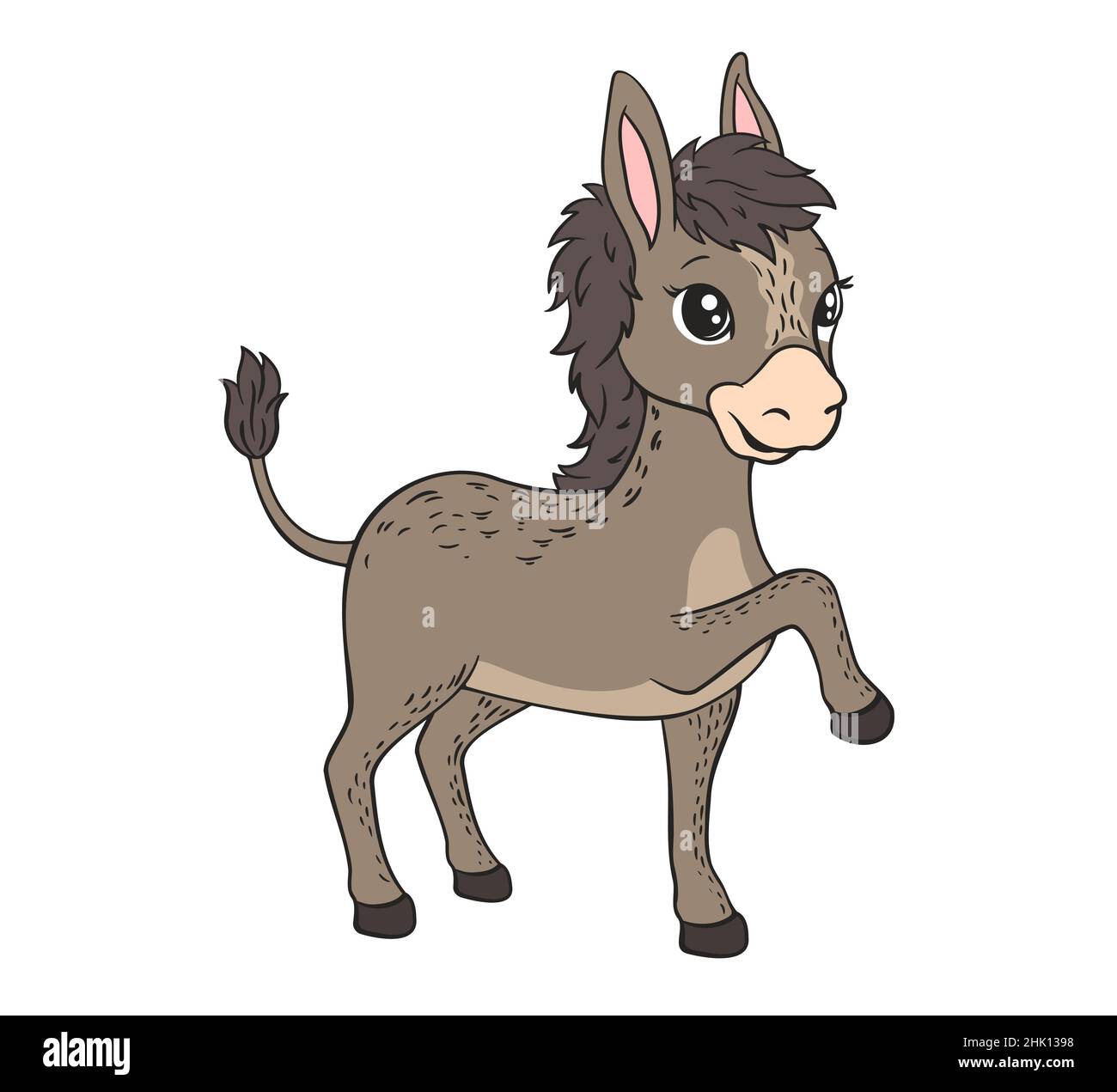 Little gray donkey with big ears and tail.Vector illustration in cartoon style black and white line art Stock Vector