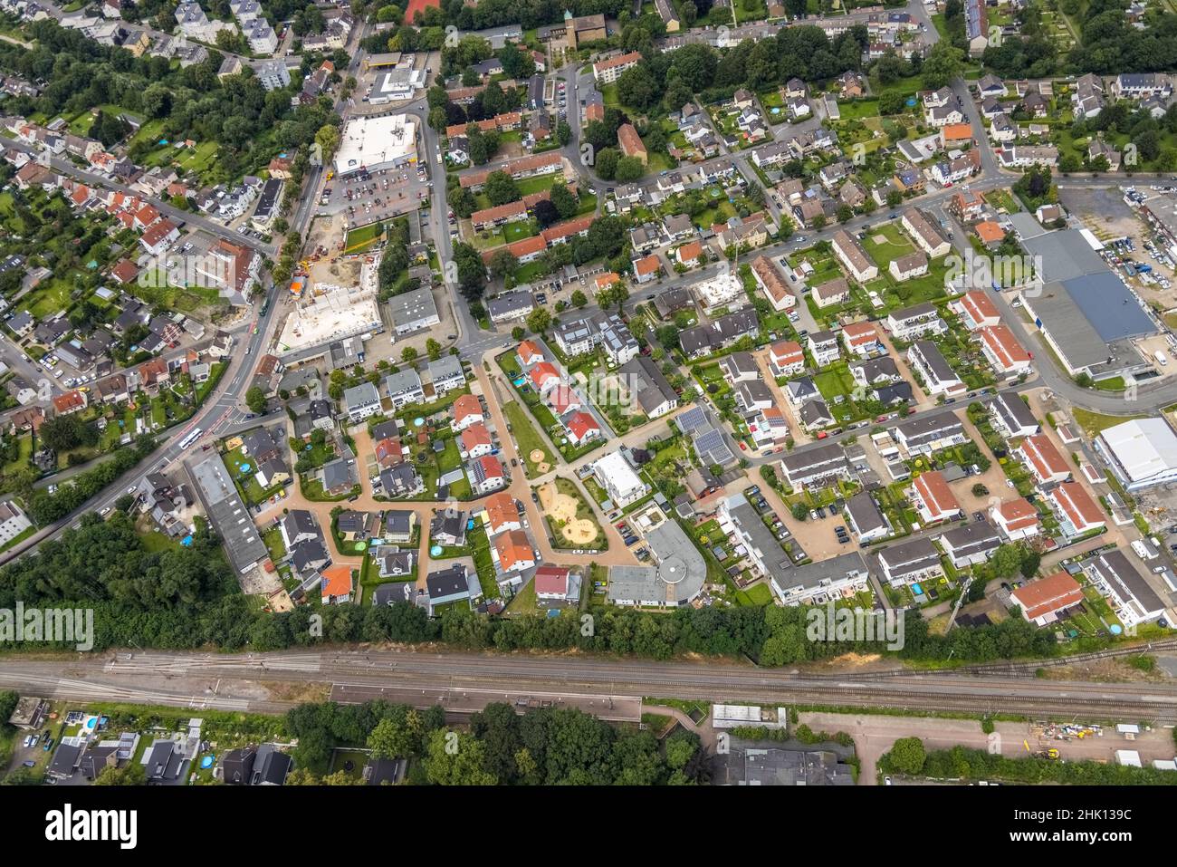 Aerial view, construction site and new building Aldi supermarket