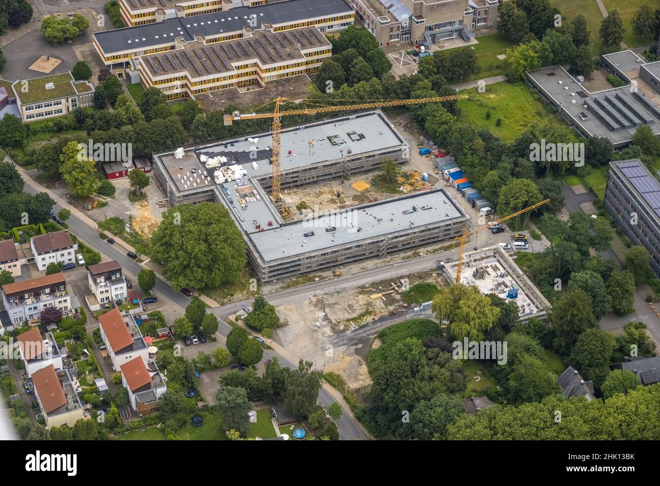 Aerial view, construction site and new building education campus Unna
