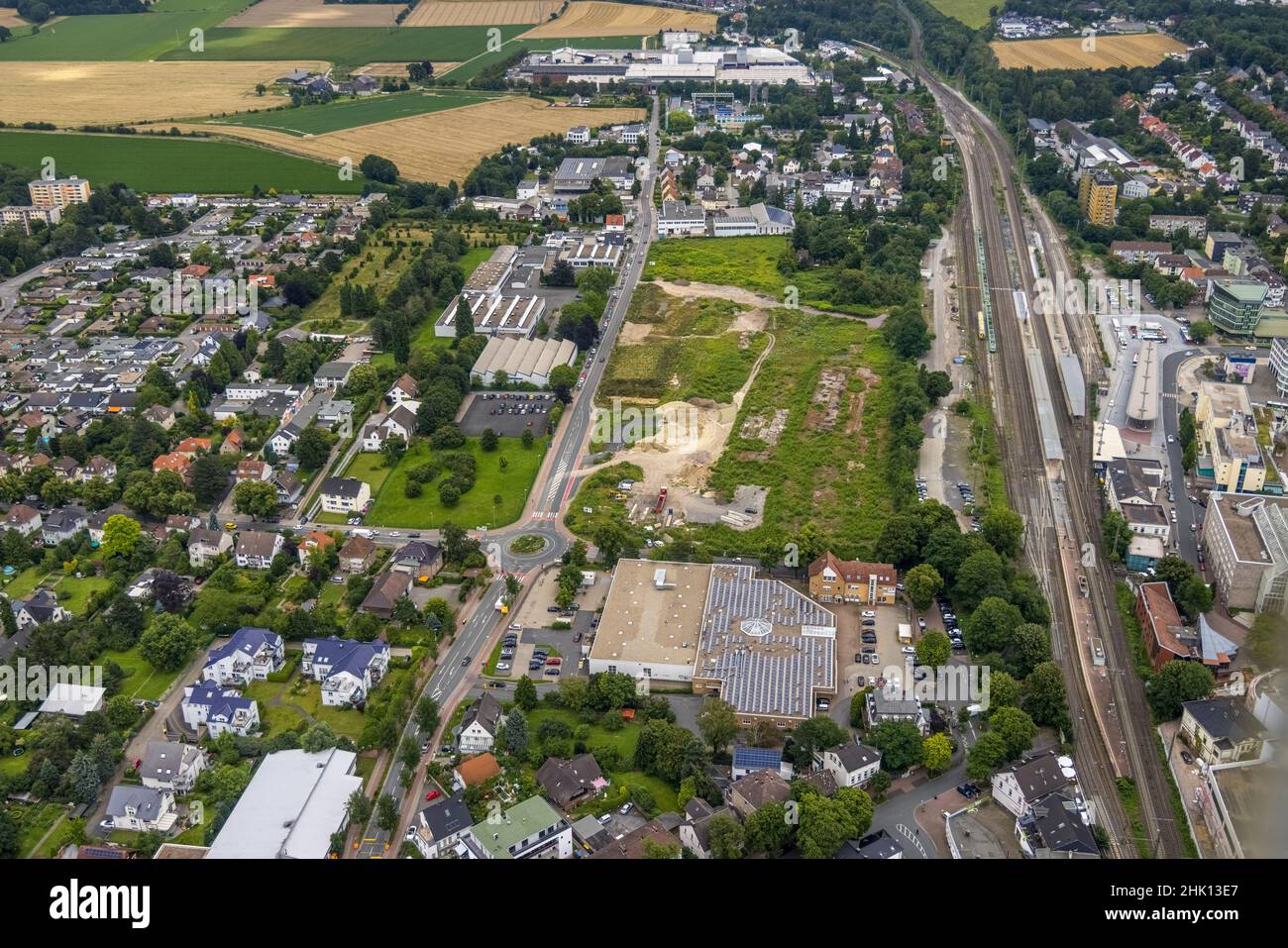 , Aerial photograph, Unna railway station, Viktoriastraße construction area for office building, Unna, Ruhr area, North Rhine-Westphalia, Germany, rai Stock Photo