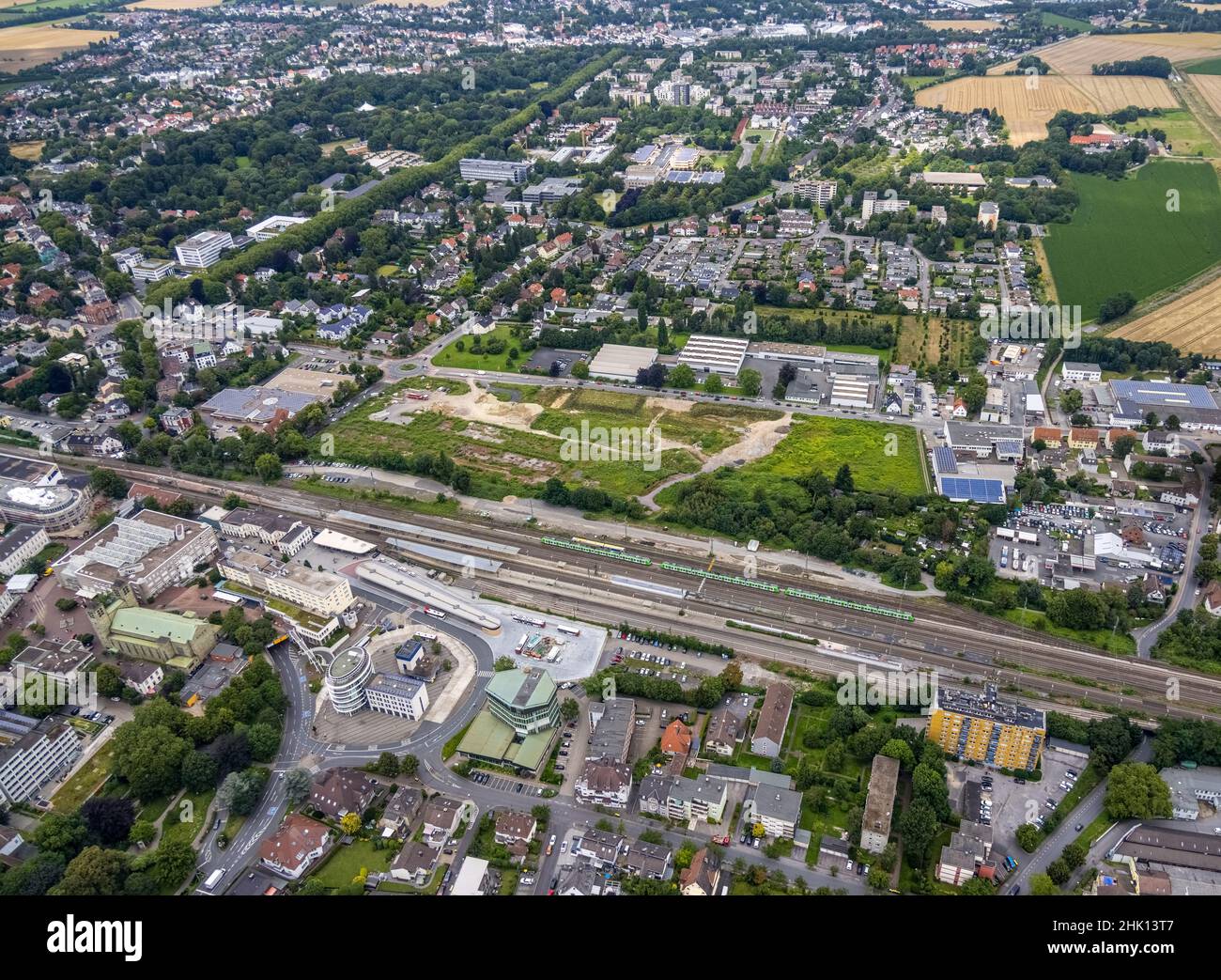 Aerial view, Unna railway station, Viktoriastraße construction area for office building, Unna, Ruhr area, North Rhine-Westphalia, Germany, railway tra Stock Photo