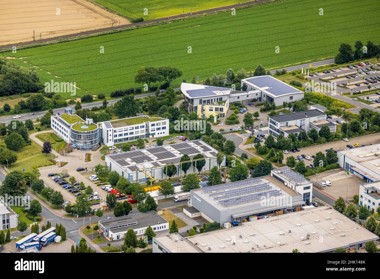 Aerial photograph, CompanyBuilding PVS / Westfalen-Süd rkV Ärztliche Abrechnungen, Stadtwerke Unna, Uelzen, Unna, Ruhrgebiet, Nordrhein-Westfalen, Ger Stock Photo