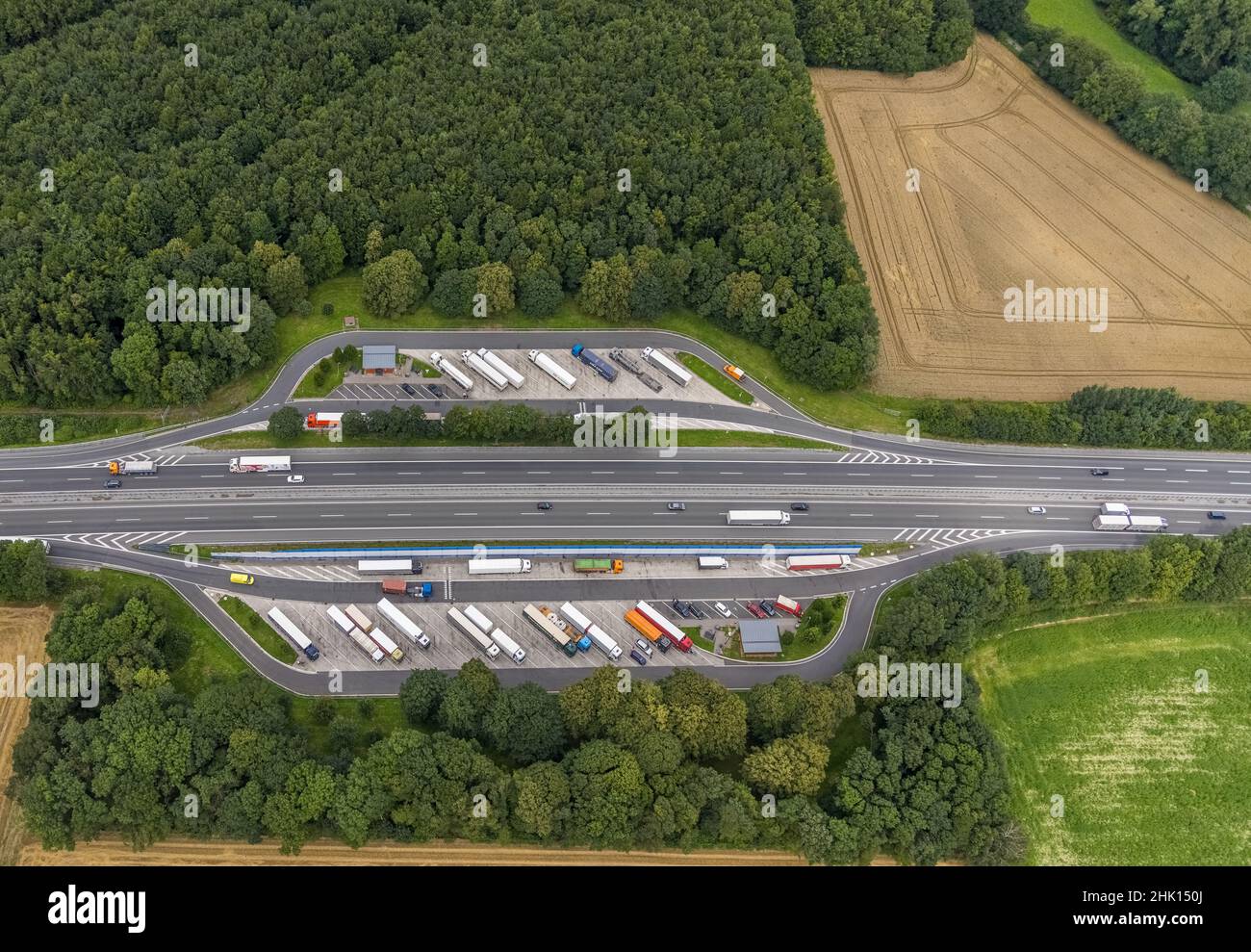 Aerial view, motorway A44 with rest area Grüntal and rest area