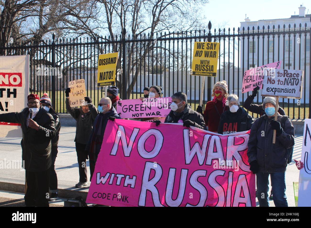Washington, D.C. - JANUARY 27: Around 100 people took part in a rally today outside the White House in Washington D.C. Today calling on Biden and the U.S. to say no to War with Russia and  Hands of the Ukraine Members of the Russian-speaking diaspora and Ukrainian activists demonstrated amid threat of Russian invasion of the Ukraine. Credit: Mark Apollo / Alamy Stock Photo Stock Photo