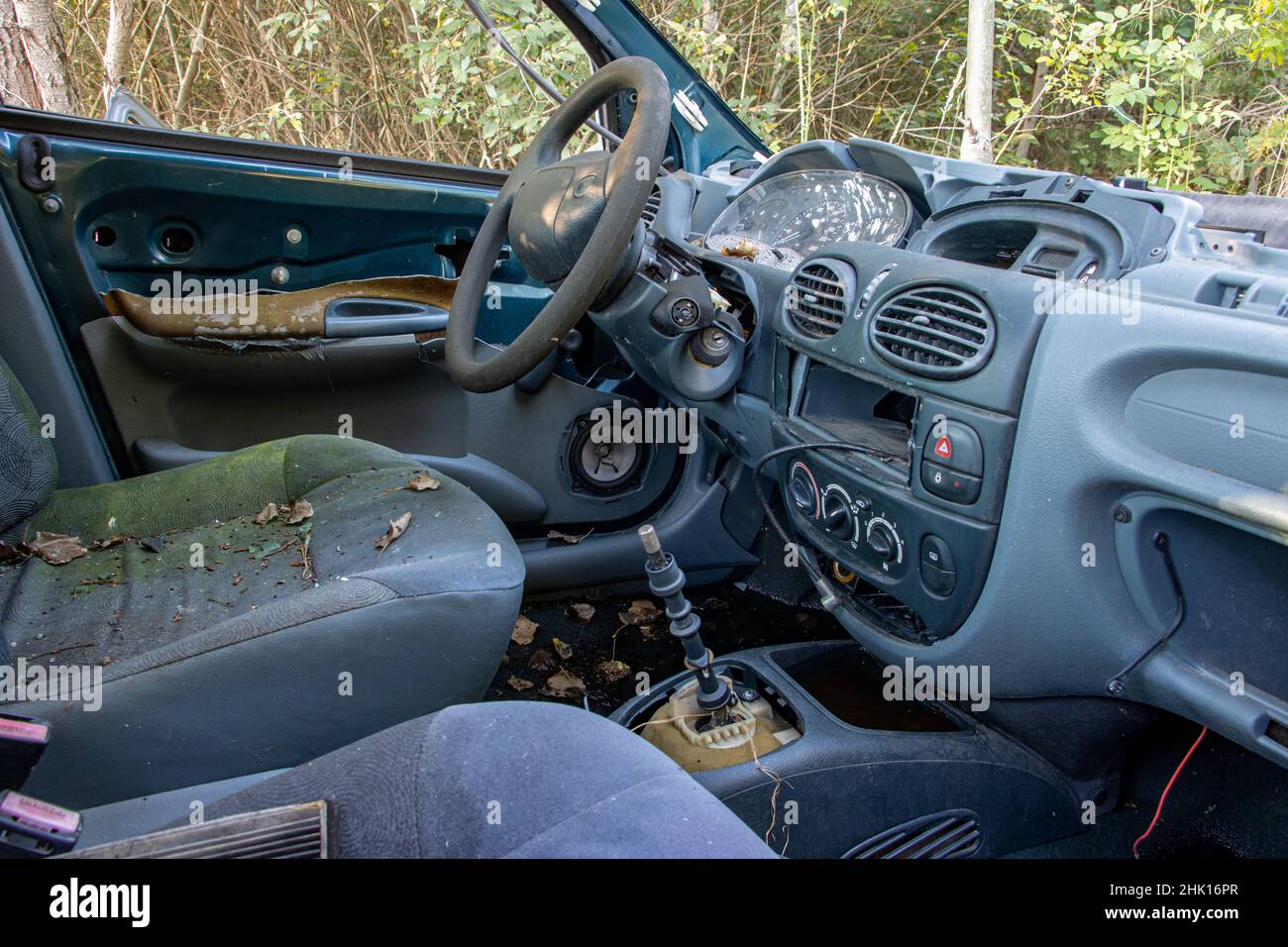 Interior of a damaged car parked in nature Stock Photo Alamy