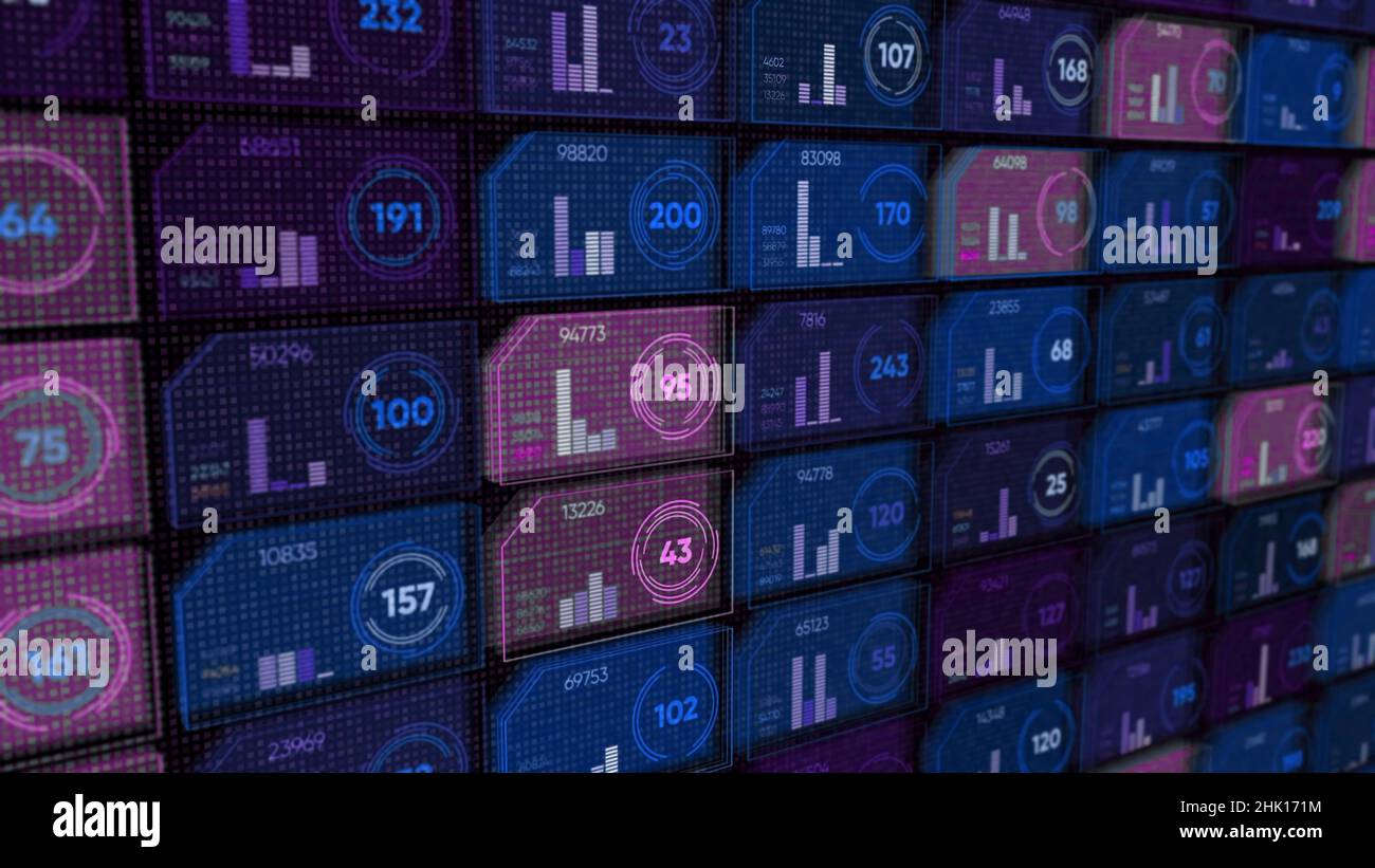 Abstract digital display with colorful rows of small cells or ...