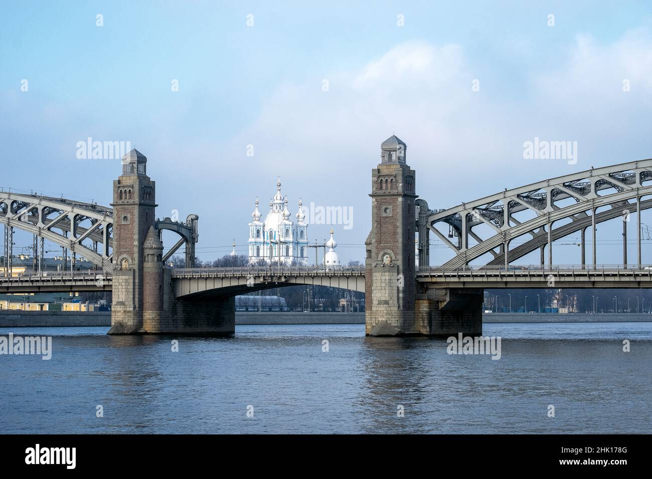 St. Petersburg, Russia - November 02, 2021. View of the beautiful Bolsheokhtinsky Peter the Great Bridge across the Neva and the Smolny Resurrection C Stock Photo