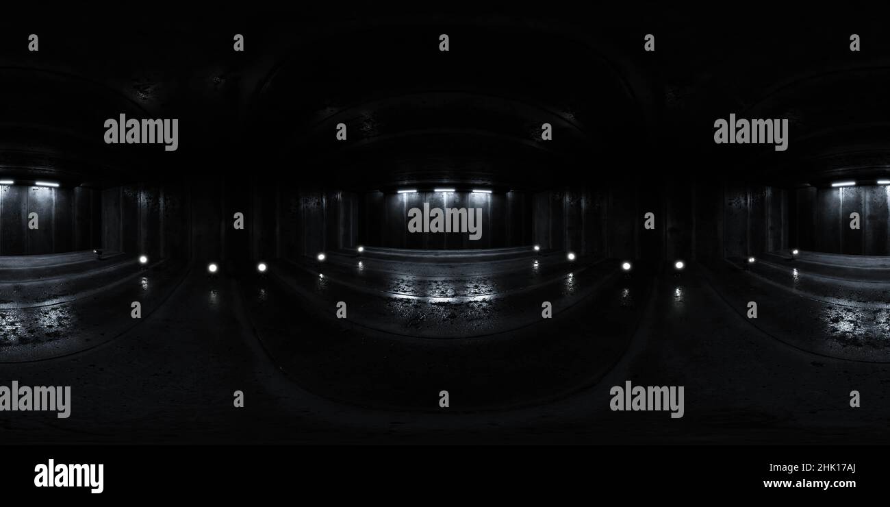 360 degree full panorama environment map of dark industrial concrete ...