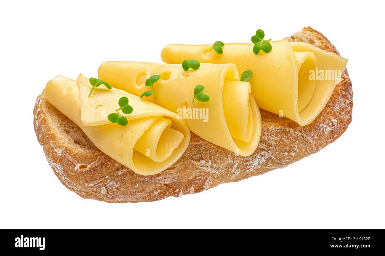 Cheese rolls on bread slice isolated on white background Stock Photo