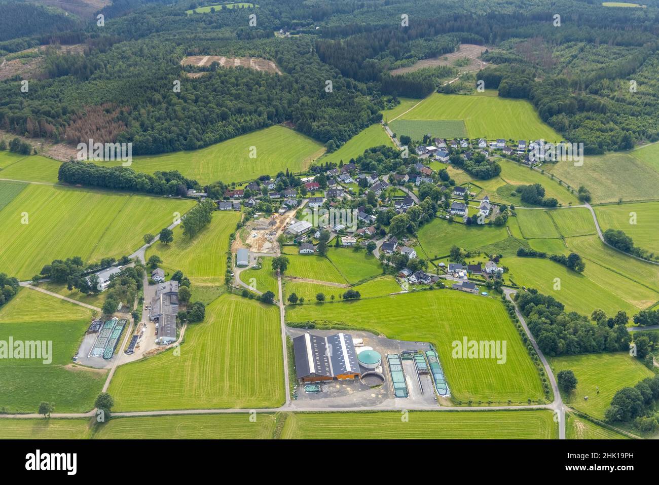 Aerial view, construction site and town view Römershagen, Wenden, Sauerland, North Rhine-Westphalia, Germany, construction work, construction area, bu Stock Photo