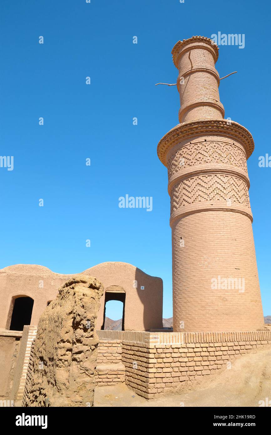 Kharanagh Ardakan Castle, an ancient village with a minaret near the desert city of Yazd in Iran Stock Photo