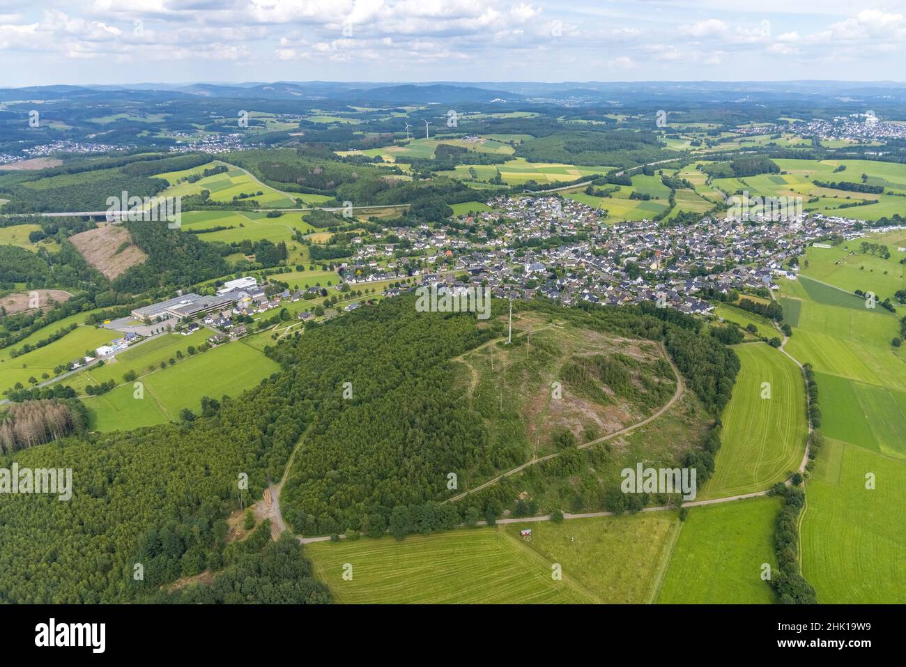 Aerial photograph, Löhkopf , Luftbild, Löhkopf Waldgebiet mit Waldschaden, Ottfingen, Wenden, Sauerland, Nordrhein-Westfalen, Deutschland, Baumsterben Stock Photo