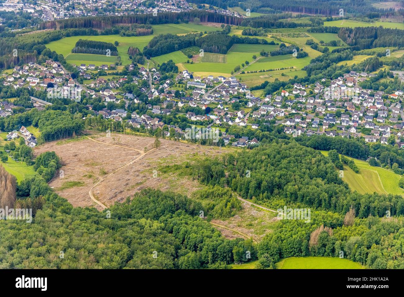 Aerial photograph, forest area with forest damage in Möllmicke, Wenden, Sauerland, North Rhine-Westphalia, Germany, tree death, bark beetle damage, ba Stock Photo