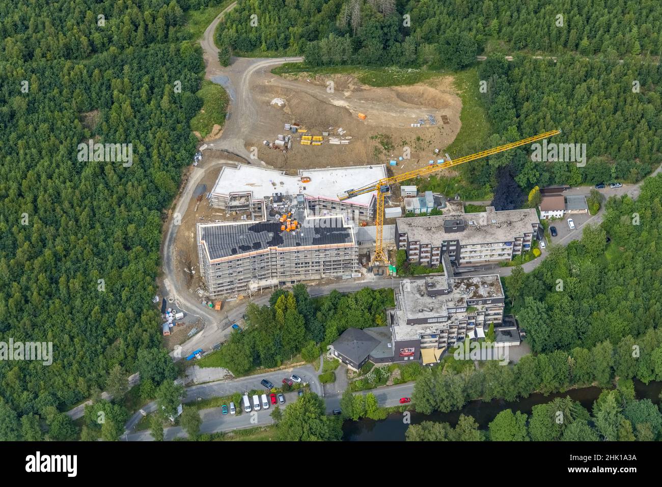 Aerial photograph, construction site St. Josefsheim, new building Caritas Centre Wenden, Wenden, Sauerland, North Rhine-Westphalia, Germany, old peopl Stock Photo