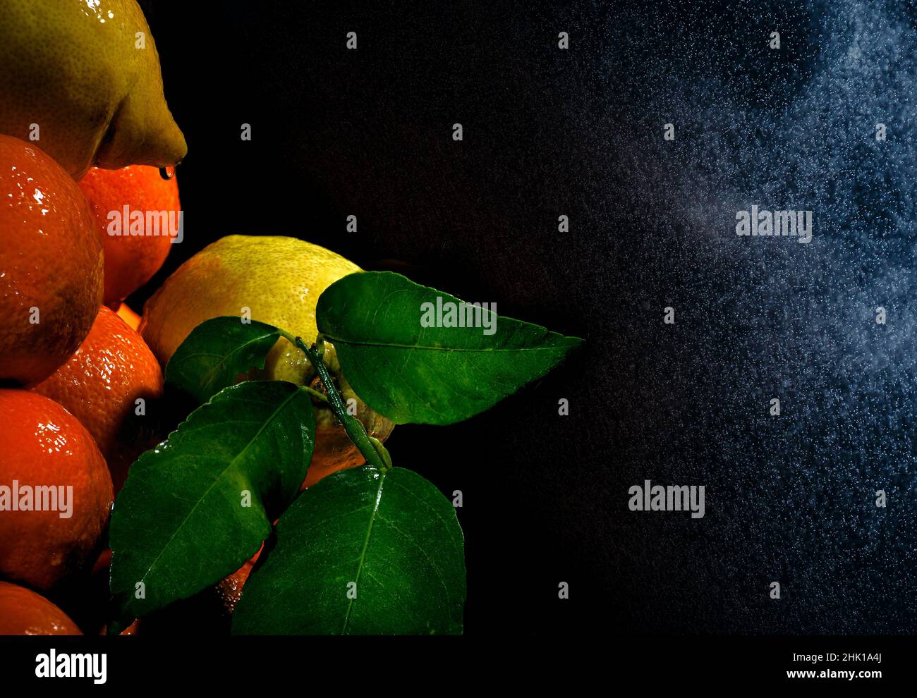 Fruits on a black background with a watery suspension reminiscent of the starry sky. Orange oranges. Lemons with green leaves. Stock Photo