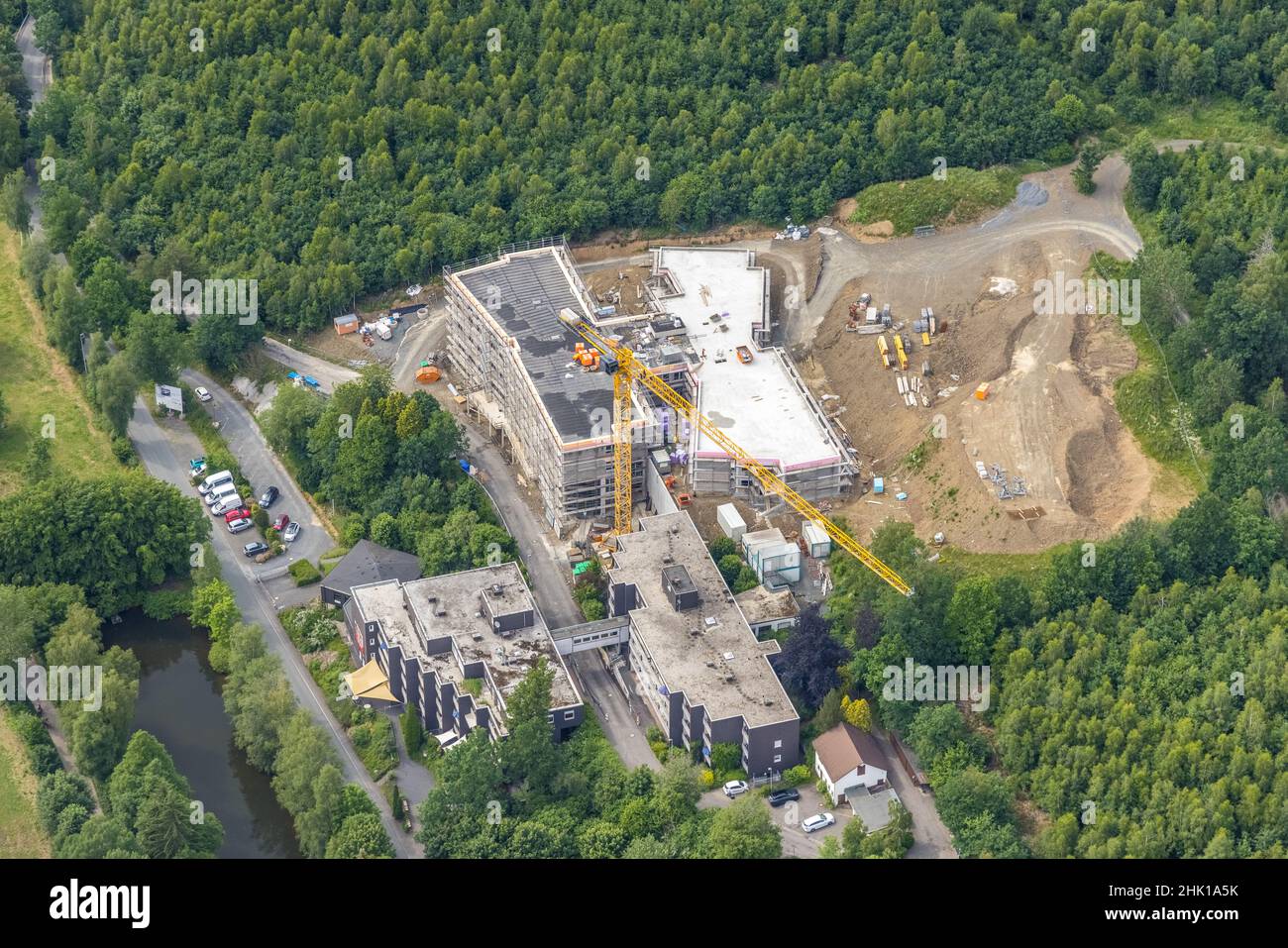 Aerial photograph, construction site St. Josefsheim, new building Caritas Centre Wenden, Wenden, Sauerland, North Rhine-Westphalia, Germany, old peopl Stock Photo